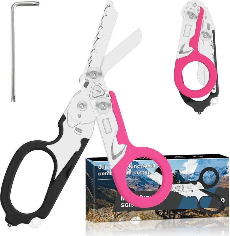 Lemasa 6 in 1 Multifunctional Combination Tool, Folding Retractable Emergency Shears, Outdoor Camping Tools, Seat Belt Cutter, Oxygen Cylinder Wrench, Complimentary Adjustable Wrench (Black Pink) - Image 1